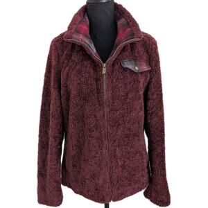 Pendleton Sherpa Fleece Jacket Women M Maroon Plaid Accent Full Zip Mock Neck